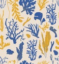 Coral polyps and seaweed seamless pattern vector. Blue and yellow Kelp laminaria algae background. Sea reef nature Underwater Royalty Free Stock Photo