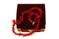Coral red beads (necklace) and crimson velvet box.