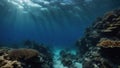 coral reef in the blue A dark blue ocean surface seen from underwater. The water is clear and calm, and the sun is high Royalty Free Stock Photo