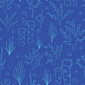 Coral reef Blue seamless vector background. Underwater pattern with corals, sea plants, seaweed, sponge, clams, shells. Hand drawn