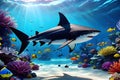 Coral reef, colorful groups of fish, sharks and sunny skies shining through the clear ocean water. photo created using