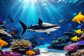 Coral reef, colorful groups of fish, sharks and sunny skies shining through the clear ocean water. photo created using