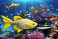 Coral reef, colorful groups of fish and sunny skies shining through clear ocean water. photo created using the