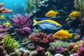 Coral reef, colorful groups of fish and sunny skies shining through clear ocean water. photo created using the