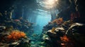 A coral reef with fish and sun shining through. Generative AI. Royalty Free Stock Photo