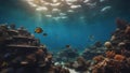 coral reef and fishes Underwater coral reef landscape background in the deep blue ocean