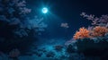 A coral reef glowing in the moonlight beneath the surface