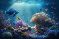 Coral reef with many different colorful fish underwater in rays of light, generated ai Royalty Free Stock Photo