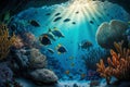 Coral reef with many different colorful fish underwater in rays of sun light, generated ai Royalty Free Stock Photo