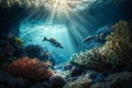 Coral reef with many different fish underwater in rays of light, generated ai Royalty Free Stock Photo