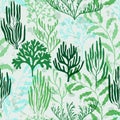 Coral reef seamless pattern., Mediterranean staghorn and pillar corals bushes. Royalty Free Stock Photo