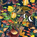 Coral Reef Seamless Pattern. Underwater World Background.