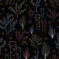 Coral reef seamless vector background black. Underwater pattern with bright neon corals, sea plants, seaweed, sponge, clams,