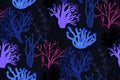 Coral reef and seaweed pattern. Seamless texture with drawings of underwater life. Deep ocean background.