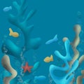 Coral reef and tropical fishes and five-finger in a blue sea background. Underwater nature and marine wildlife illustration