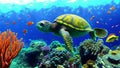 Coral reef underwater with vibrant fish and a turtle.
