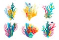 Coral reef watercolor illustration 6 compositions. Hand drawn underwater sea life decorative design. Beautiful bright Royalty Free Stock Photo