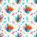 Coral reef watercolor illustration seamless pattern. Hand drawn underwater sea life seamless pattern. Beautiful bright Royalty Free Stock Photo