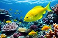 Coral reef with a yellow fishes swimming in the water generated by ai