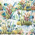 Coral reefs with algae, waves of water, fish, sea sponges, bubbles. Watercolor illustration. Seamless pattern on a blue Royalty Free Stock Photo