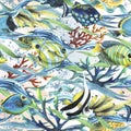 Coral reefs with algae, waves of water, fish, sea sponges, bubbles. Watercolor illustration. Seamless pattern on a white Royalty Free Stock Photo