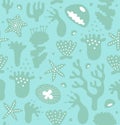 Coral reefs seamless pattern, decorative monochrome background, vector nautic texture, sealife.