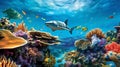 the coral reefs underwater life, colorful tropical fish swimming amidst a coral garden, with a majestic shark