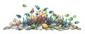 Coral reefs with various tropical fish, pebbles, algae and sea sponges. Bright, juicy, watercolor illustration. A board