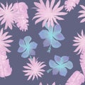 Coral Seamless Botanical. Blue Pattern Textile. Gray Tropical Hibiscus. Pink Drawing Leaf. Indigo Decoration Textile. Royalty Free Stock Photo