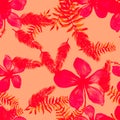 Coral Seamless Painting. Red Pattern Vintage. Pink Tropical Painting. Ruby Flower Plant. Scarlet Drawing Leaves. Spring Plant.