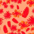Coral Seamless Palm. Ruby Pattern Foliage. Red Tropical Vintage. Scarlet Flower Leaf. Pink Spring Design. Banana Leaves.