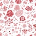 Coral Seamless Pattern. Floral Spring Summer Garden Colorful Flowers Botanical Flower Vintage Texture Wallpaper, Flat