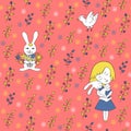 Coral seamless pattern with girl, chicken and rabbit.