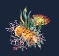 Coral, seaweeds, shell, fish design. Watercolor sea. Underwater flowers glowing in shining light. Shimmering sparkles