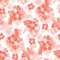 Coral Tropical Exotic Foliage and Hibiscus Floral Vector Seamless Pattern. Line Drawing on White Background. Royalty Free Stock Photo