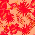 Coral Tropical Illustration. Scarlet Seamless Plant. Pink Pattern Nature. Ruby Flower Exotic. Red Drawing Plant.