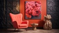Radiant Clusters: A Contemporary Coral Wall Hanging And Red Chair