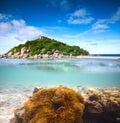 Corals, clownfish and palm island - half underwater shoot. Royalty Free Stock Photo