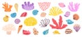 Corals. Sea coral, weeds and seashell. Ocean reef doodle elements. Shells decoration, underwater or aquarium objects Royalty Free Stock Photo