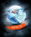 Coranavirus pandemic background. Earth globe wearing protective Medical Surgical Face mask.