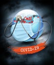 Coranavirus pandemic background. Earth globe wearing protective Medical Surgical Face mask and Stethoscope
