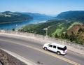 Car driving along a scenic route near Crown Point Vista House in Columbia River Gorge Royalty Free Stock Photo