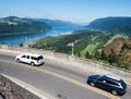 Cars driving along a scenic route near Crown Point Vista House in Columbia River Gorge Royalty Free Stock Photo