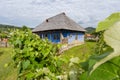 Corbi, Romania - July 2019: traditional authentic peasants house painted in blue in an old village at the foothills of the