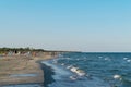 Corbu, Constanta, Romania - August 18, 2019: The beach in Corbu with tourists in the background, Romania