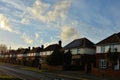 Corby, England. November 13 - Brick village traditional houses at sunset.