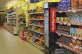Corby, U.K., June 20, 2019 - interior of food supermarket. Shelfs with many products