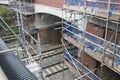 Corby, United Kingdom - August 29, 2018: old classical brik english building. Carried out scheduled repair work on the reconstruct