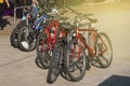 Corby, United Kingdom - September, 01, 2018: Bikes parked on the streets in english village. Conceptual image of a healthy lifesty