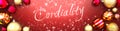Cordiality and Christmas card, red background with Christmas ornament balls, snow and a fancy and elegant word Cordiality, 3d